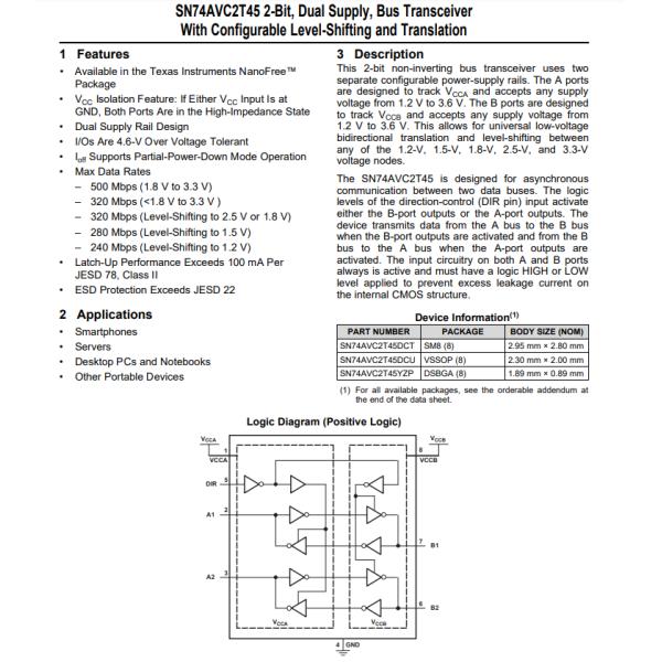 SN74AVC2T45YZPR Voltage Level Translator Bidirectional 1 Circuit 2 Channel 500Mbps