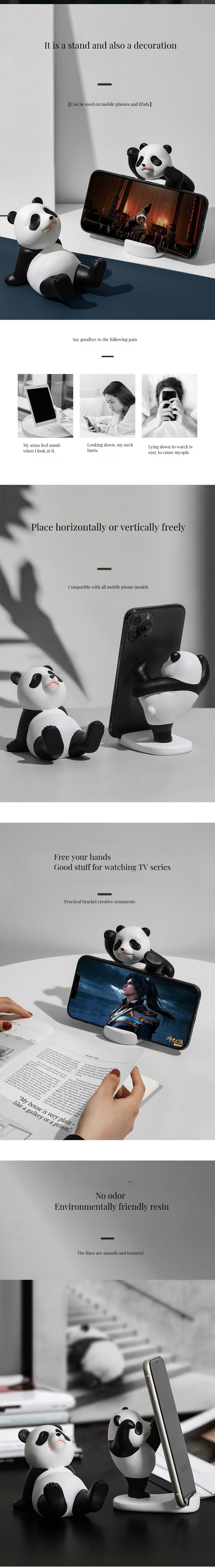 Home Decoration Pieces Luxury Adjustable Bamboo Stand for Phone and Tablet Cute Panda Resin Holder