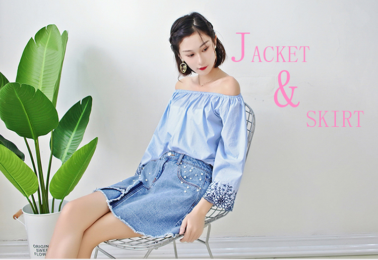 Young Ladies Short Denim Mini Skirt With Pearls , Women's A Line Denim Skirt