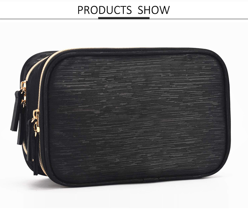 2 Main Compartments Black Polyester Makeup Bag