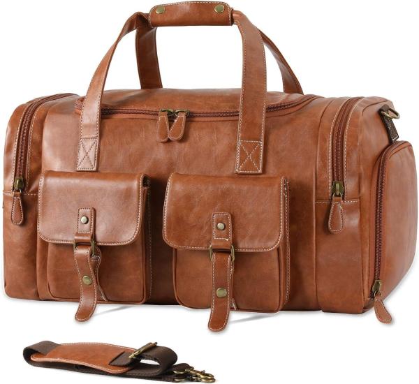Large Brown PU Leather Carry On Weekender Overnight Sports Yoga Gym Custom