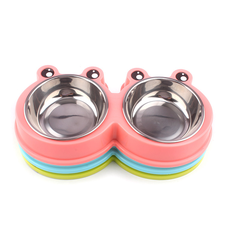 Double Bowls Pet Food Feeder Cute Modeling Frog Shape Easy Cleaning