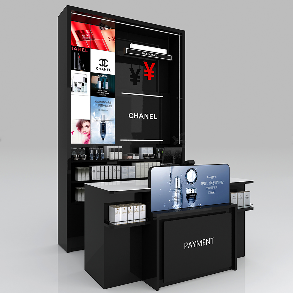 Retail Store Black Wooden Cashier Desk Skincare Shop Checkout Counter With Lightbox For Cosmetic Shop Design