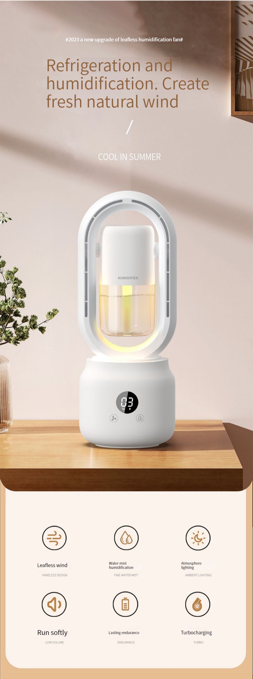 HOMEFISH 300ml Multifunctional Spray Bladeless Fan Humidifier