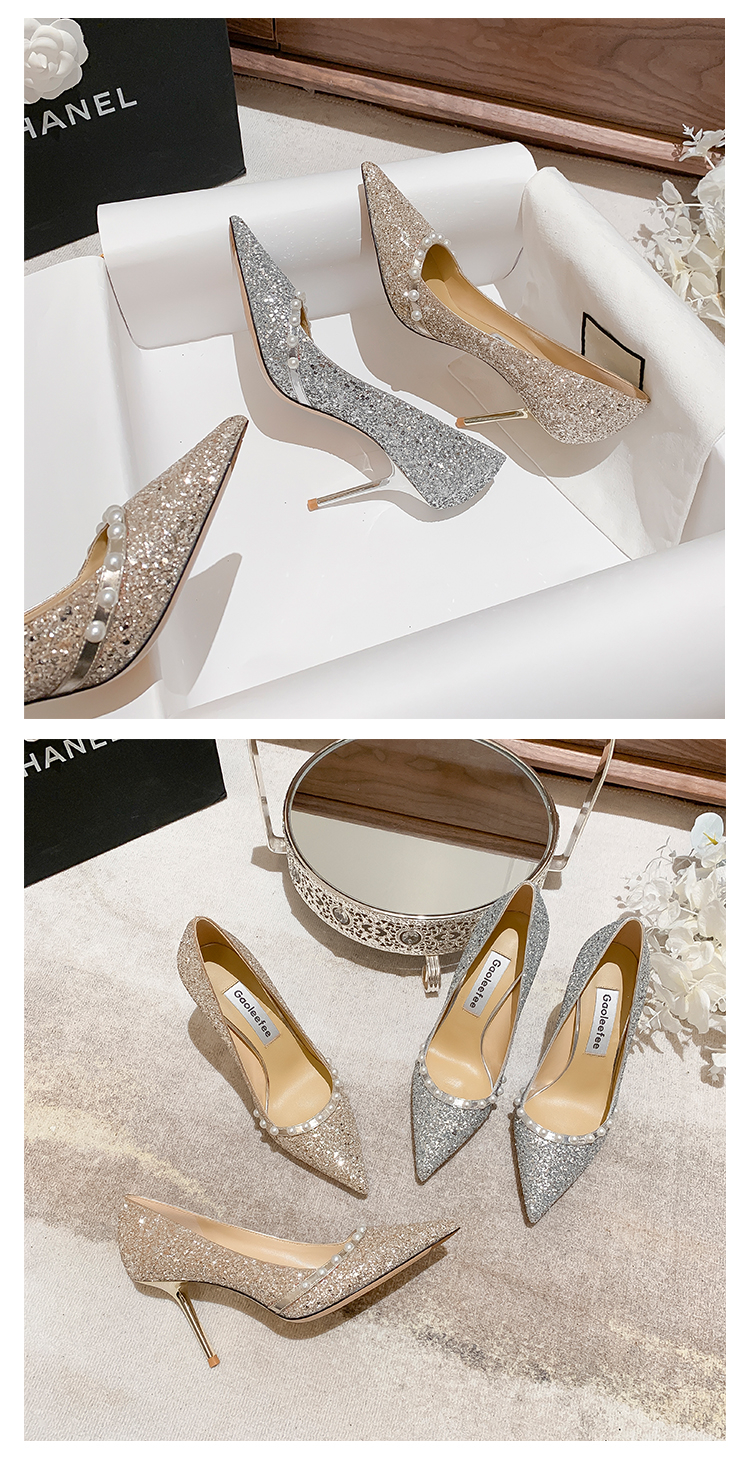 Spring Ladies Wedding Pumps , Sheepskin Golden Shiny Pearl Crystal Shoes