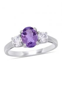 China Oval Cut Amethyst and Created White Sapphire 3-Stone Ring in Sterling Silver on sale