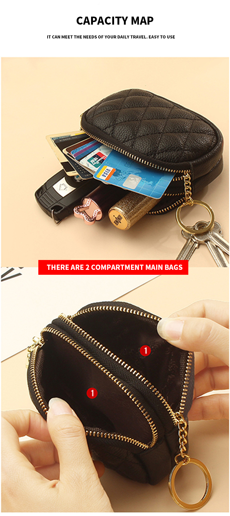 Double Zippers Genuine Leather Mini Keychain Coin Pouch for Women's Daily Needs