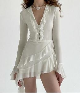 China Custom Clothing Factory China Chiffon Ruffled Breasted V Neck Flared Long Sleeve Dress on sale