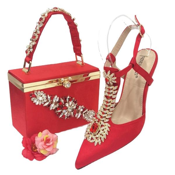 Women's Party Shoes Set with Stones and Matching Bag Set Flat Heel Type Italian