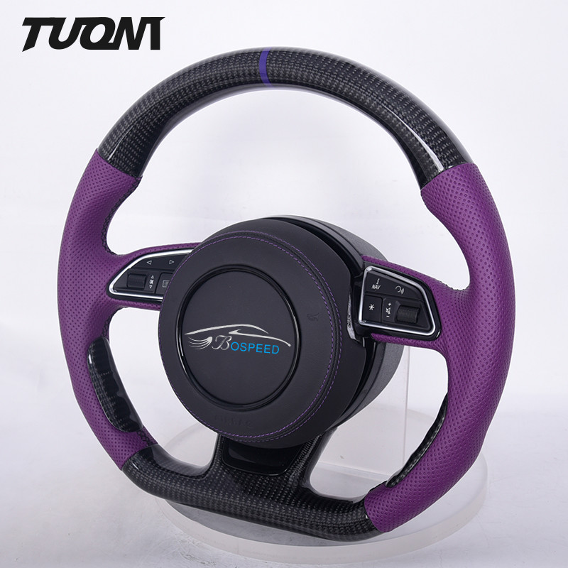 Purple Leather Audi Carbon Fiber Steering Wheel Flat Bottom Multi Function