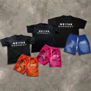 Wholesale Custom Streetwear Boxy Heavyweight Two Piece Short Set Screen Printing Tee Distressed Acid Wash Vintage T Shirt and Shorts Set from china suppliers