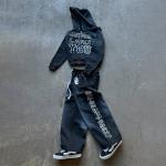 Custom Tracksuits Distressed Zip up Rhinestone Acid Wash Hoodie Jogger Set
