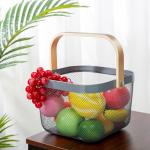 Household 5L White Wire Storage Basket With Wooden Handle 5KG Load
