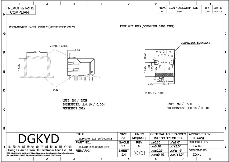 DGKYD111B510DB3A1DPT Single Port Horizontal RJ45 Connector Integrated Transformer Filter POE Bayonet Downward