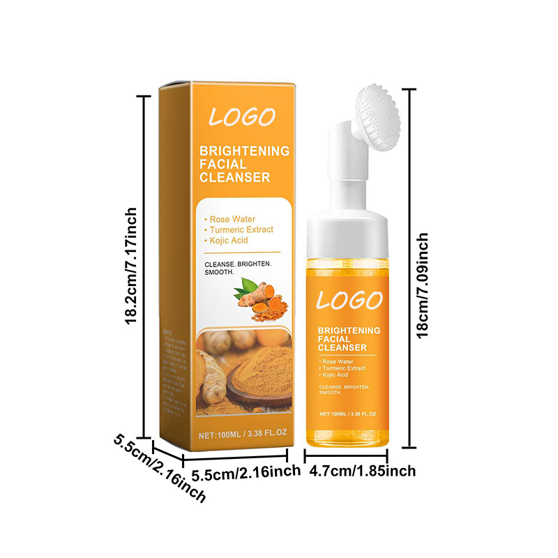 Private Label Brightening Whitening Deep Cleaning Organic Turmeric Kojic Acid Facial Cleanser Foam Face Wash With Brush