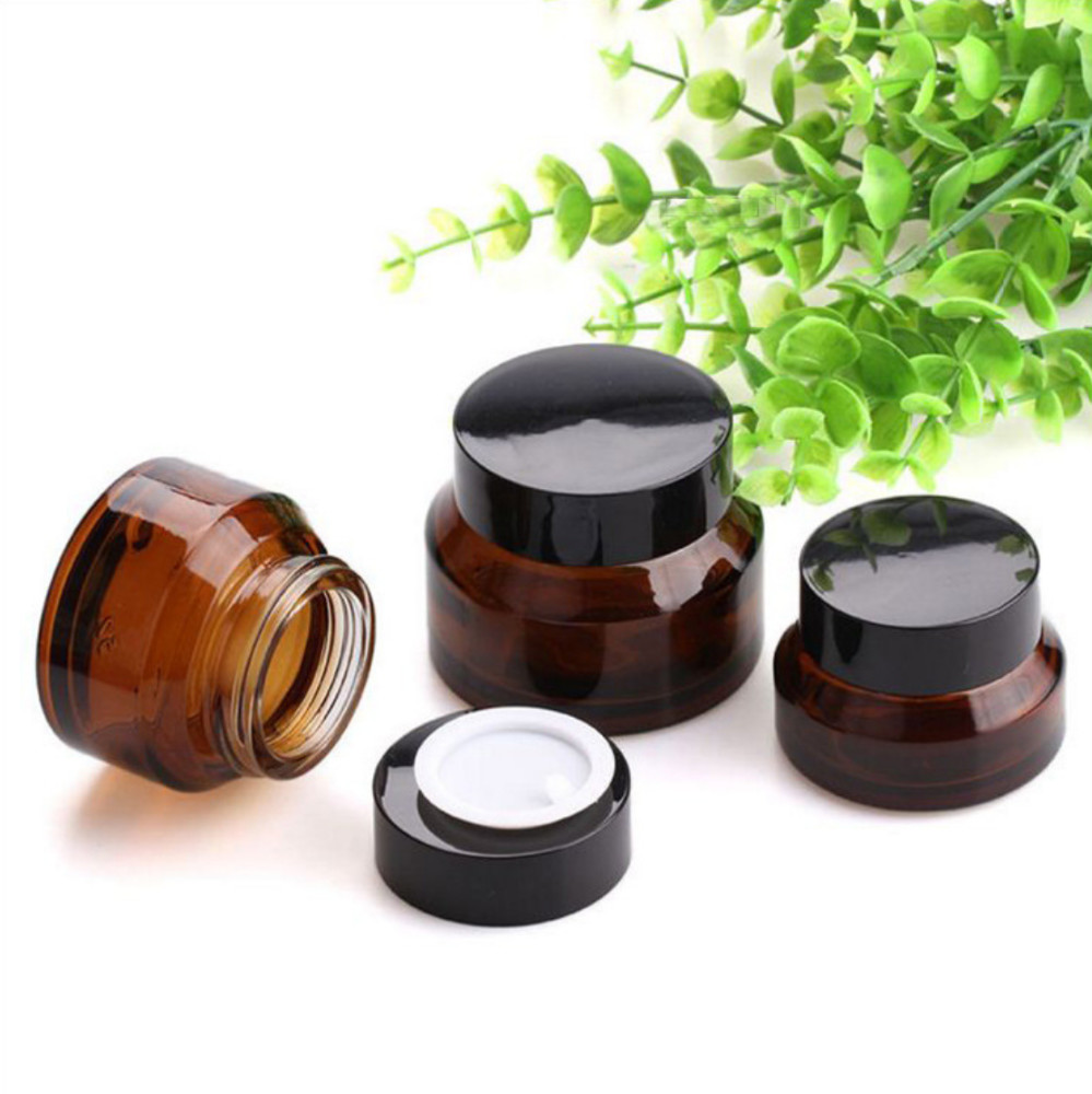 Amber Glass Empty Cosmetic Cream Jar Elegant Black Lid Aluminum Cap