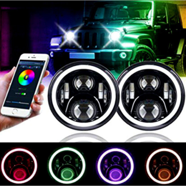 3700lm Jeep Wrangler Headlights , 7 Inch Round LED Headlights RGB Halo with Angel Eyes