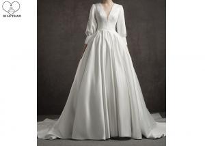 China Deep V Neck Vintage Off White Wedding Dresses Long Lantern Sleeve Pleating Tail on sale