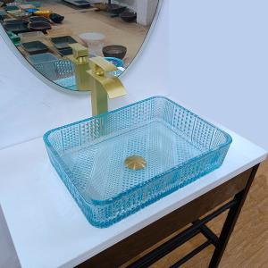 Wholesale 460mm Length Rectangular Vessel Sinks Glass Bathroom 330mm Width Water Blue Color from china suppliers