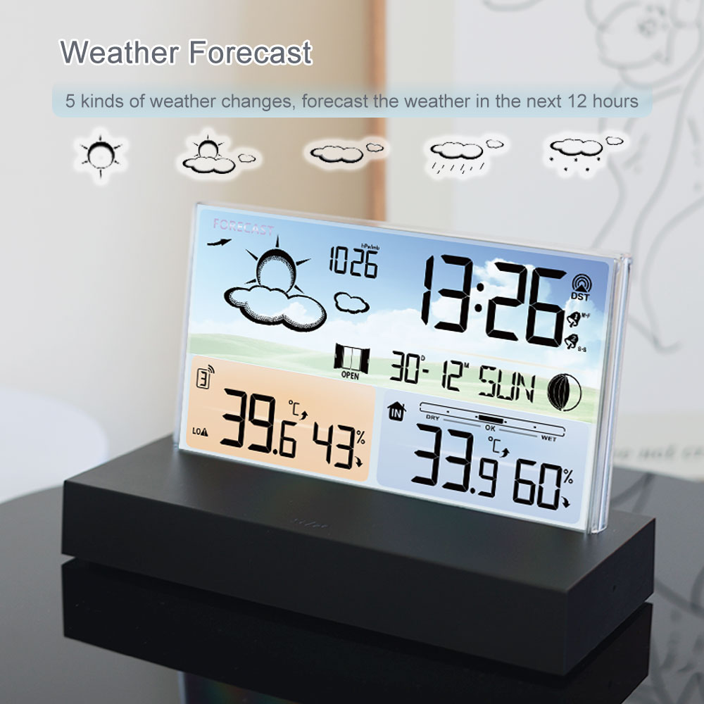 Multi Functional Electronic Weather Forecast Alarm Clock Desktop Transparent Glass Color Screen RF Wireless