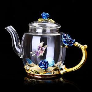 China 380ml Floral Glass Teapot With Gold Leaves Edge Floral Vintage Teapot Set on sale