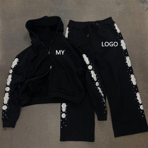 Wholesale Custom Acid Wash Sweatsuit Embroidery Patchwork Cotton Hoodie Jogging Suits Flared Sweatpants and Hoodie Set Tracksuits for Men from china suppliers