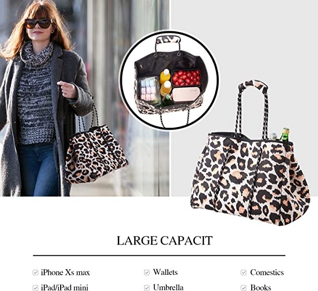 Large Leopard Print Purse Neoprene Tote Cross Body Bag Folding Reusable