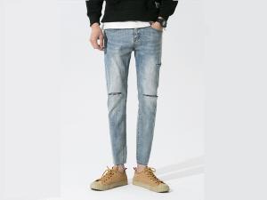 Wholesale 28-36 Lignt Blue Jeans Men'S Denim Pants With Rips Slim Fit Cotton Fabric from china suppliers