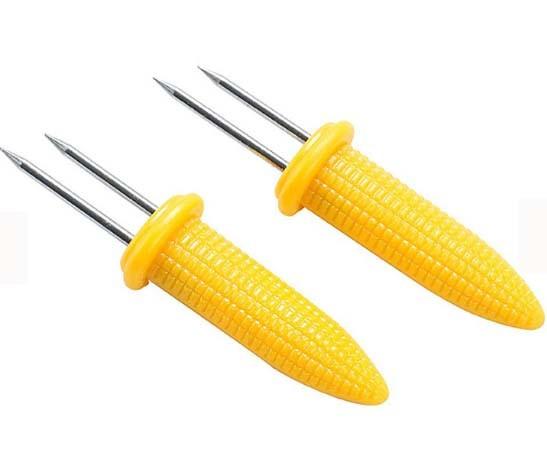 Multiple Twin Prong Corn Needle Skewer Needle For BBQ Barecue Fruit Fork Yellow