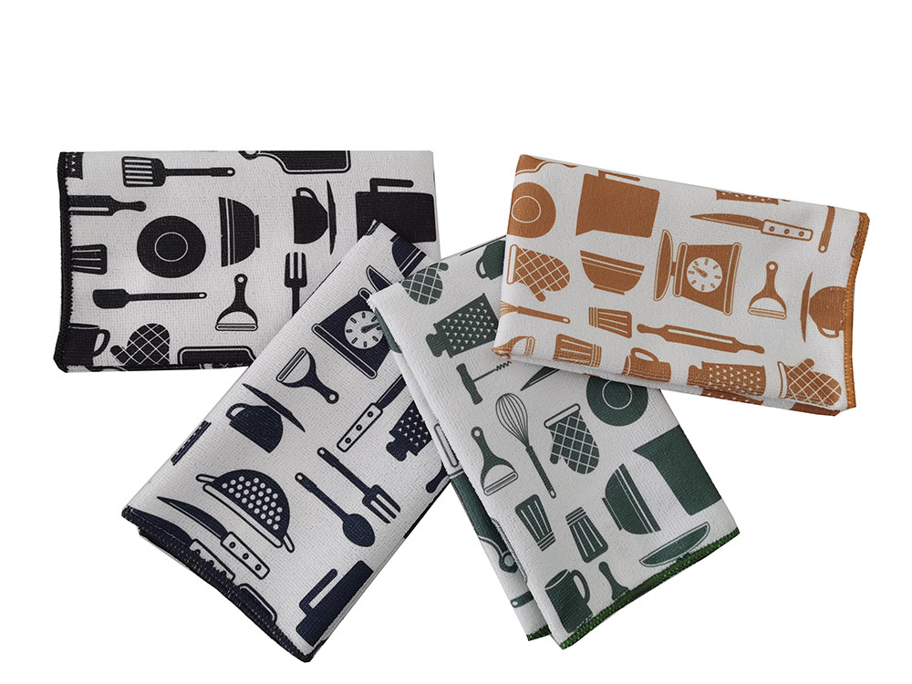 Kitchen Tea Towel Dish Cloths Microfiber Printed Plain Solid Color
