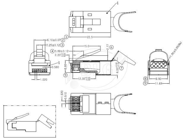 FTP Cat7 8P8C RJ45 Male Connector Matal Shielded With Tail Clip / PC Housing