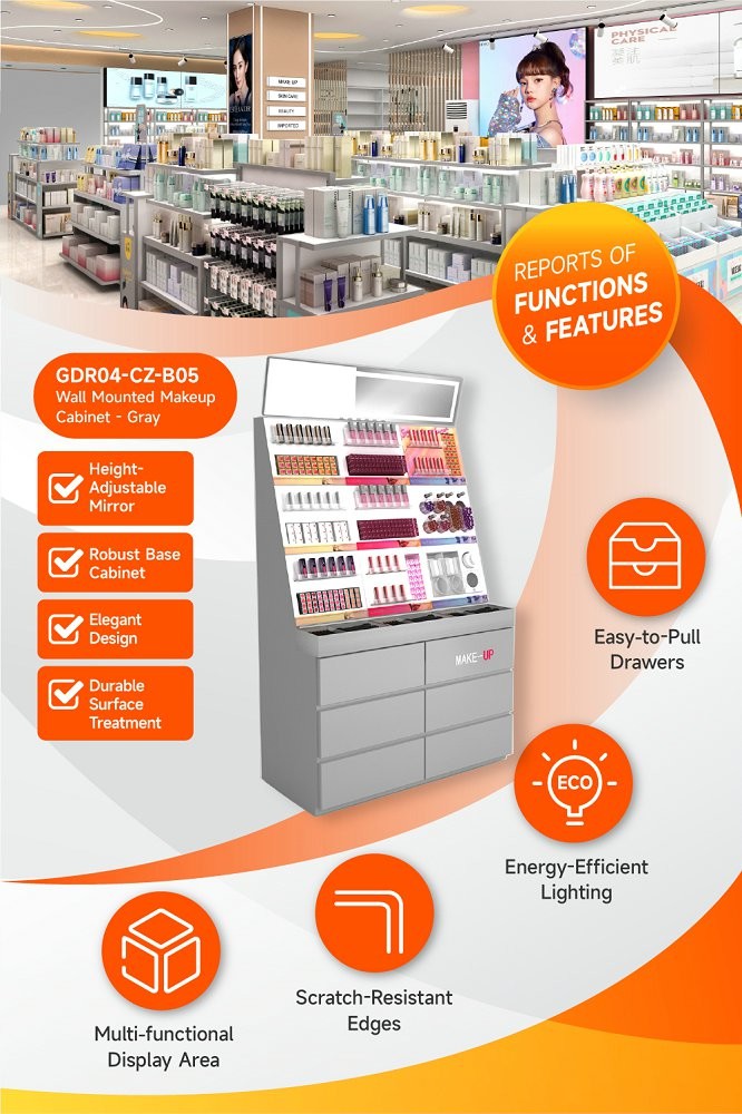 GDR04-CZ-B05 Wall Mounted Makeup Display Rack with Scratch-Resistant Edges and Industrial Style for Cosmetics Counter in Shopping Malls