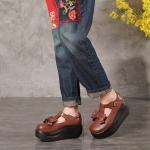 S053 Round toe retro women's shoes thick bottom wedges leather top layer single