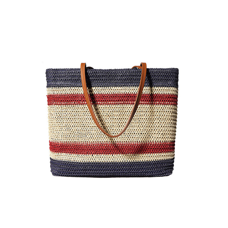 Lightweight Striped Woven Tote Bag Large Capacity Single Shoulder