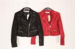 Black Red Cropped Ladies Suede Bomber Jacket With Jacquard Weave