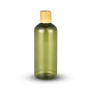China Hot selling 300ml PET amber green lotion shampoo bottle with bamboo cap on sale