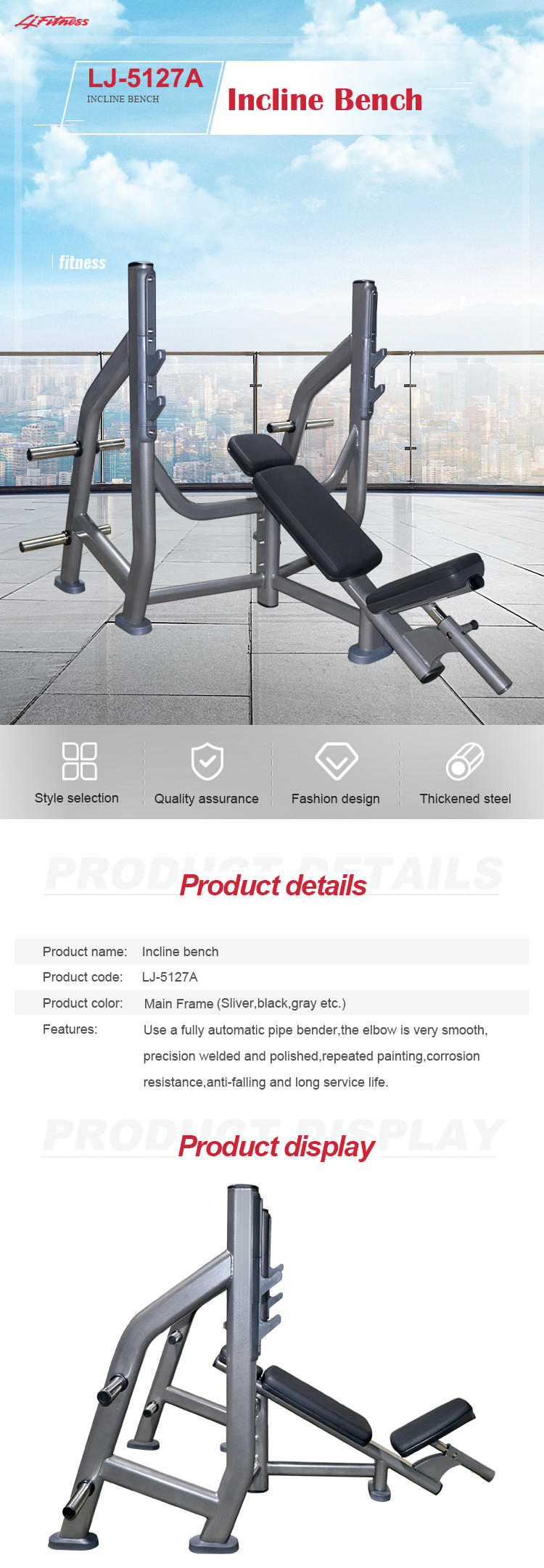 Commercial Adjustable Incline Bench Press Machine Three Layers Powder Coating