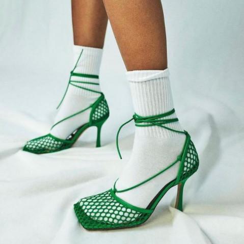 Hot Sell Luxurious Brand Sexy Mesh Square Toe Customization Heel Lace-Up Sandals