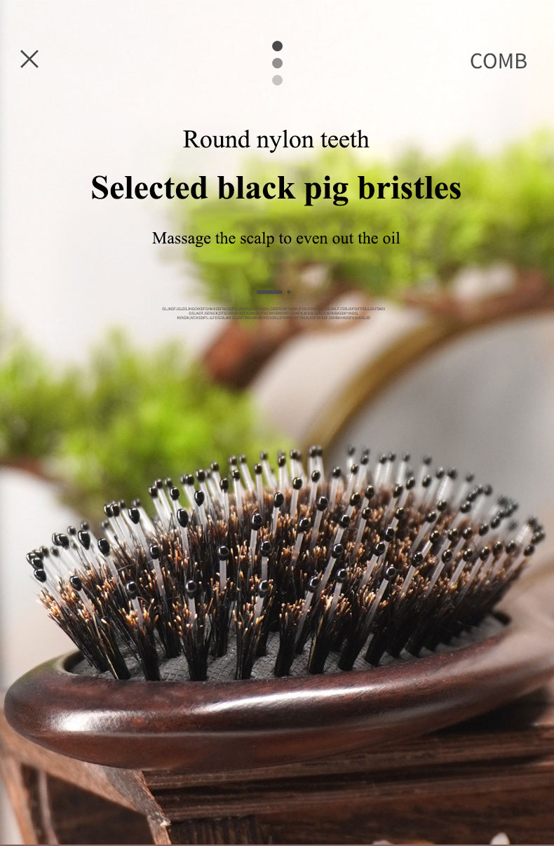 Black Sandalwood And Natural Wood Boar Bristle Hair Brush For Massage