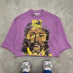 Black Cropped Graphic T Shirt Men 3/4 Sleeve Shirt Heavyweight Printed Cut Raw