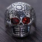 Men Retro Jewelry Heavy Sterling Silver Skull Ring with Red Cubic Zircon (043352