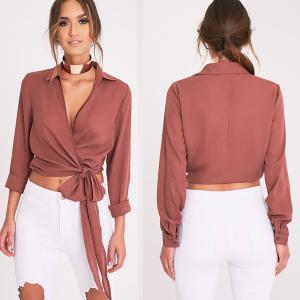 China Latest Fashion Ladies Wrap Blouse With Tie on sale