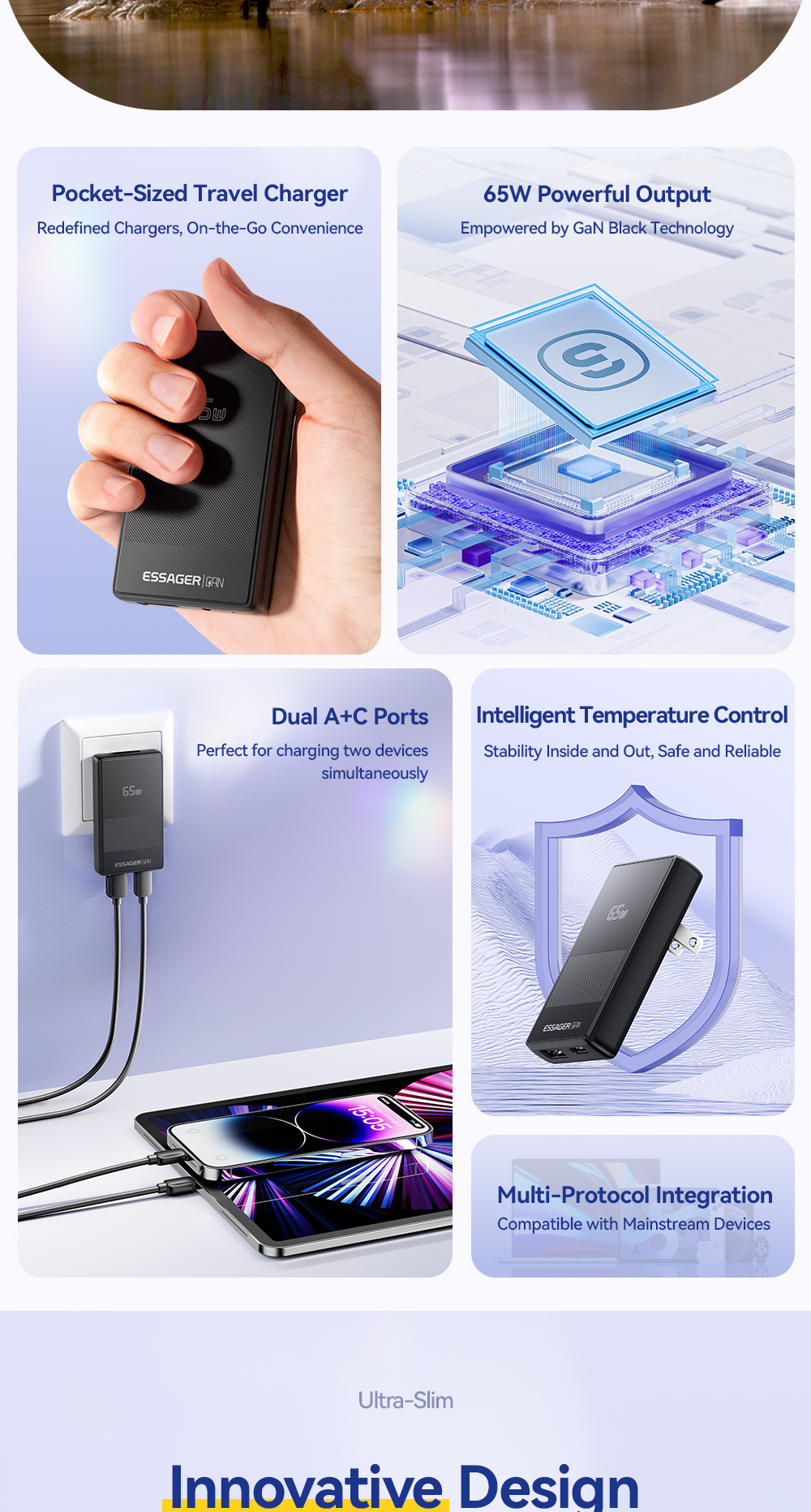 ESSAGER JT-CG65AC1U1 Series Ultra Thin 65W Max Portable USB A Type C Charger
