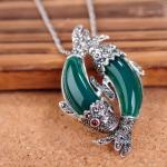 Thai 925 Silver Double Fishes Green Agate Pendant with Sterling Silver Chain