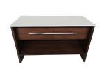 White quartz top with long metal bar walnut finish wooden bathroom cabinet