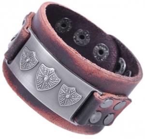 Wholesale Shield charm leather cuff with dots studs, men leather bracelets from china suppliers