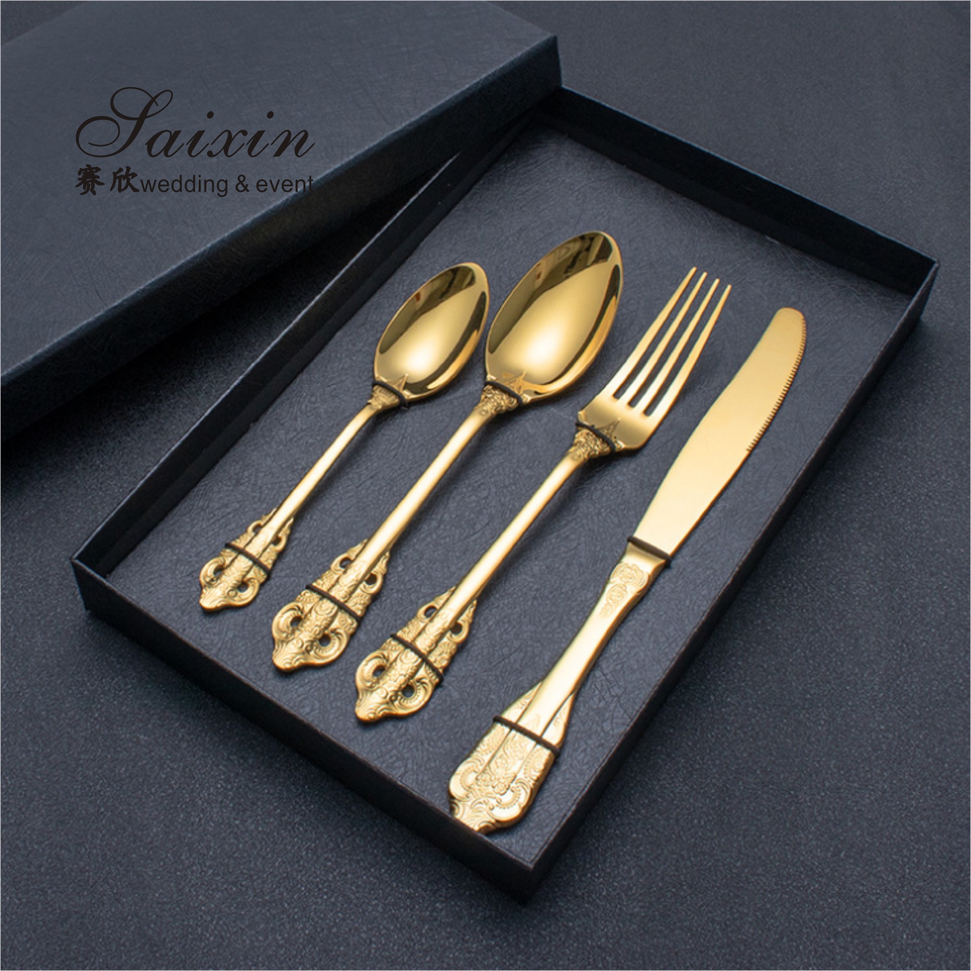 SX-GP-012 Luxury vintage stainless steel knife fork spoon 4pieces set cutlery for wedding dinner party