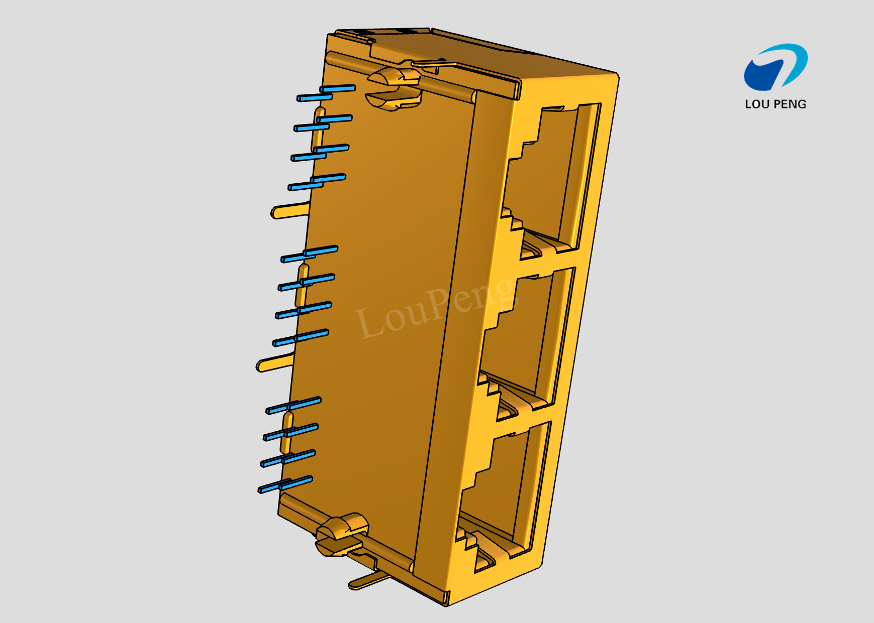 RJ45 3-port jack Cat.5 THT angled
