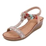 BS098 Sandals Women Ladies Shoes Bohemian Style T-Strip Rhinestone Wedge Sandals