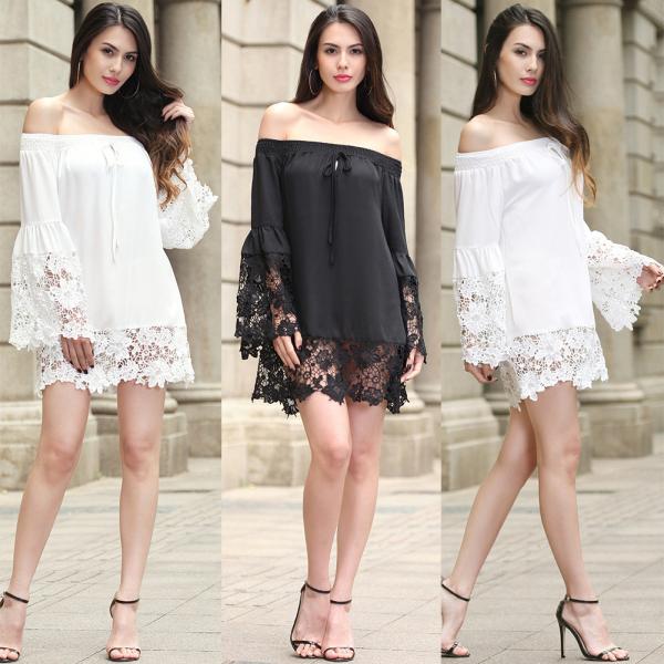 sexy flounce off shoulder lace trim chiffon ladies' black and white tops